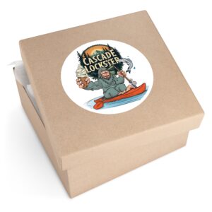 Sasquatch Adventure (waterproof) Round Stickers - Outdoor Enthusiast Decor, Laptop Stickers, Fun Party Favors, Unique Gifts, Cascade Lockster Design