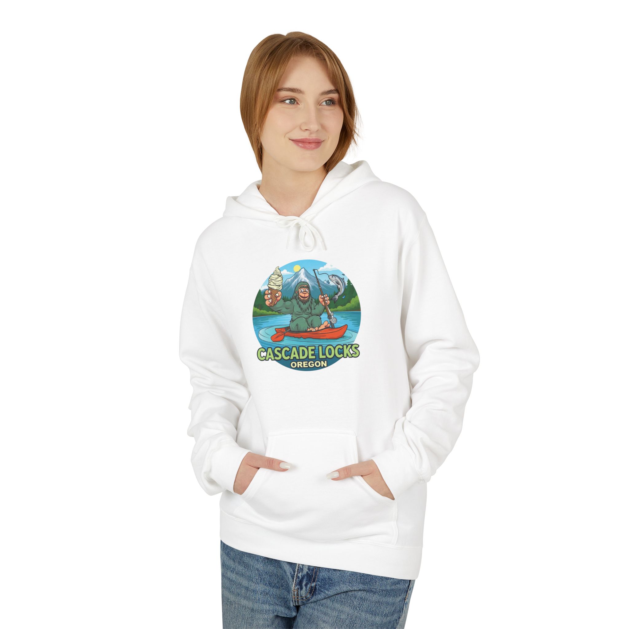 Sammy Sasquatch Cascade Locks Adventure Hoodie | Unisex Midweight Fleece | Great for Outdoor Enthusiasts, Fishing Trips, Travel, Gifts, Casual Wear
