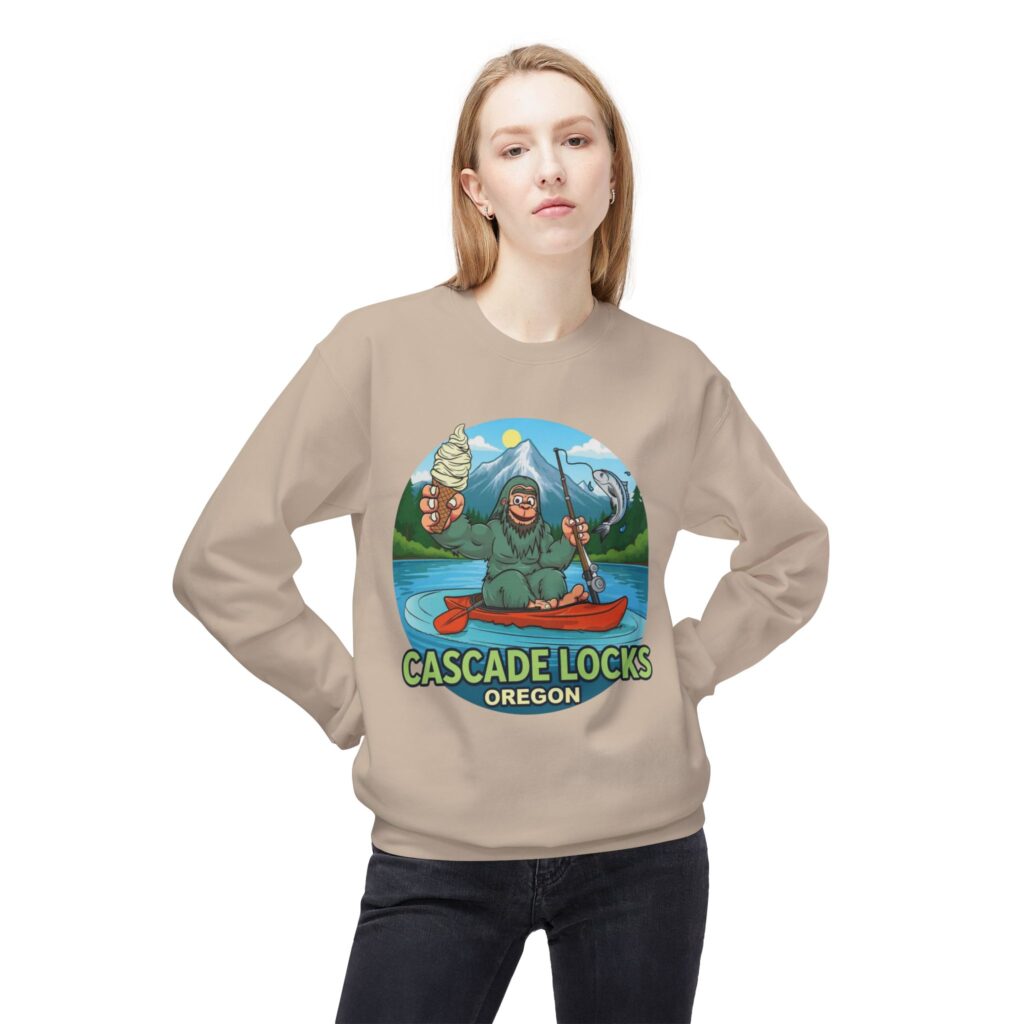 Sammy Sasquatch Cascade Locks Adventure Sweatshirt | Kayaking, Fishing, Outdoor Fun, Gift for Nature Lovers, Unisex Crewneck