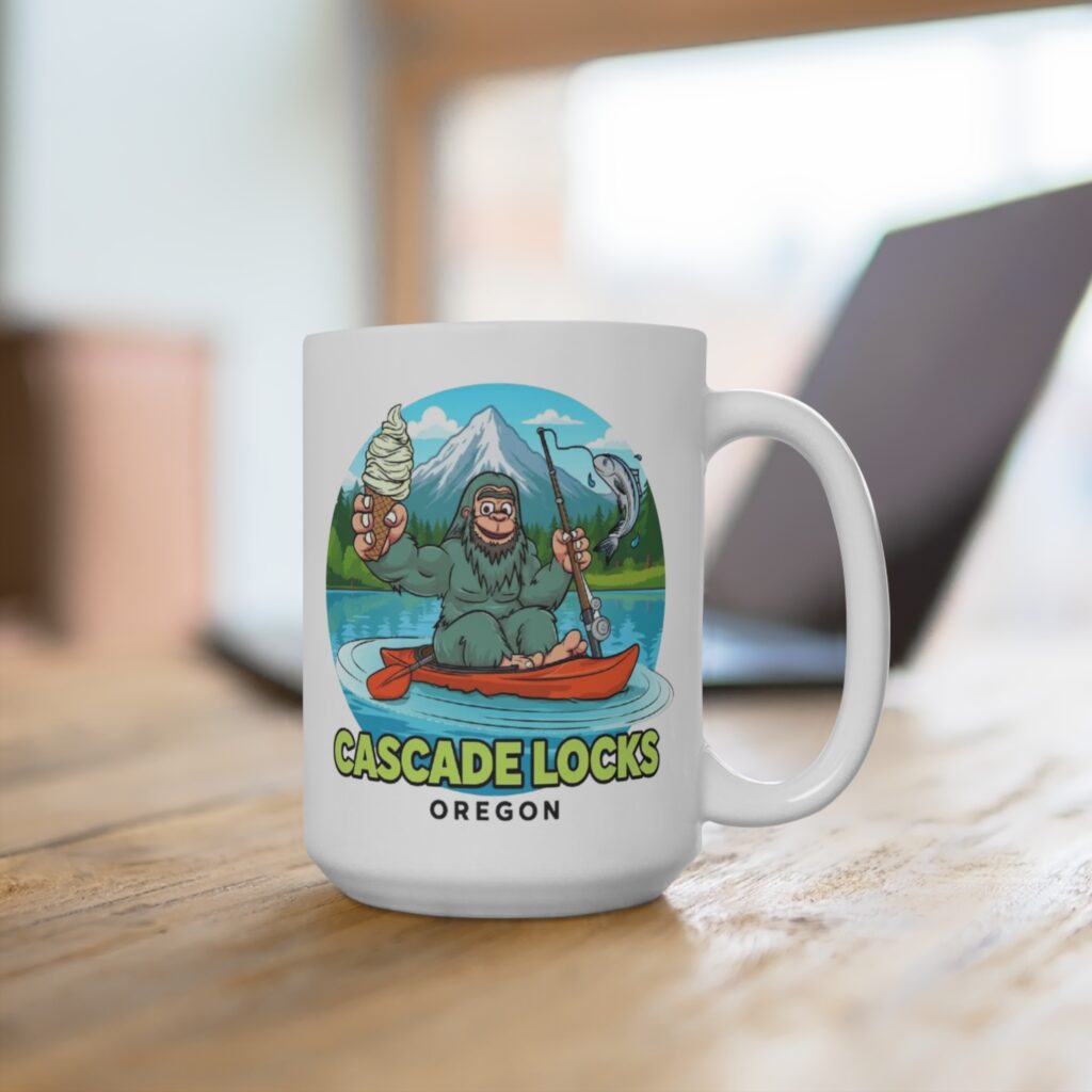 Sammy Sasquatch Mug, Cascade Locks Souvenir, Fishing Humor, Funny Coffee Cup, Gift for Outdoorsy Friends, Oregon Travel Mug