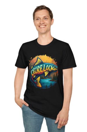 Cascade Locks Salmon Unisex Softstyle T-Shirt, Casual Wear, Outdoorsy Gift, Nature Lover Tee, Fishing Apparel, Summer T-Shirt